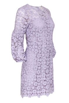 Go precious in purple with this adorable frock from Shoshanna! Made with a floral lace design in a lovely lilac hue, this puff sleeve beauty is perfect for your next swanky springtime soiree. You’ll be looking garden party glam when you pair this with wedges and a colorful clutch, enjoying mimosas on the patio in no time! Size 2 Shell: 100% Cotton Lining: 100% Polyester Concealed back zipper Lined Shift silhouette Illusion neckline Long, sheer puff sleeves All-over floral lace design Bust 33" Wa Purple Lace Dress For Spring, Spring Purple Lace Dress, Feminine Lavender Lace Dress, Fitted Purple Lace Dress, Fitted Puff Sleeve Lace Dress For Spring, Spring Purple Lace Party Dress, Elegant Lavender Puff Sleeve Dress, Purple Lace Knee-length Dress, Elegant Lavender Dress With Lace Trim