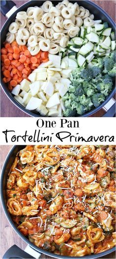 two pictures showing different types of pasta in pans with the words tortelli gravy on them