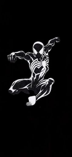 a black and white drawing of a spider man flying through the air with his arms out