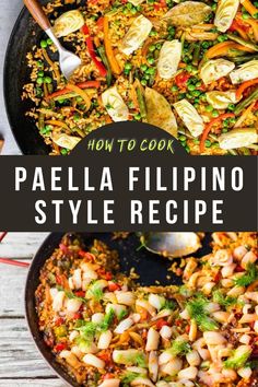 how to cook paella flippino style recipe in a skillet with text overlay