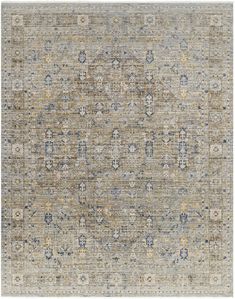 an area rug with many different colors and patterns on it, including blue, yellow, gray