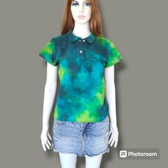 Tie Dye T-shirt. Colorful Ice Dyed Women's Handmade  Clothing Tops and tees. M Size Blu Green Colors. 100% Cotton Welcome to my tie-dye store! I lovingly make each item by hand, they are unique and one of a kind. The dyes I use are premium quality fiber reactive dyes and my products are all pre-washed and pre-shrunk for you. I will ship your order within two business days. Thank you for your interest in my store, please follow me on Instagram to see my latest creations. I truly appreciate your business, feedback and reviews! Washing Instructions You will receive your tie-dye garments pre-washed but for the first few washes I recommend that you wash them separately as it is common for hand dyed garments to bleed. Don't worry though, the colors will not fade. I also recommend that you wash y Casual Hand Dyed Shirt For Summer, Casual Hand Dyed Summer Shirt, Hand Dyed Casual Summer Shirt, Casual Summer Hand Dyed Shirt, Casual Hand Dyed Blue Top, Hand Dyed Relaxed Fit Cotton Tops, Relaxed Fit Hand Dyed Cotton Tops, Multicolor Hand Dyed Cotton Tops, Fitted Tie Dye Cotton Tops