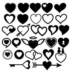 the silhouettes of hearts and arrows are shown in different shapes, sizes and colors