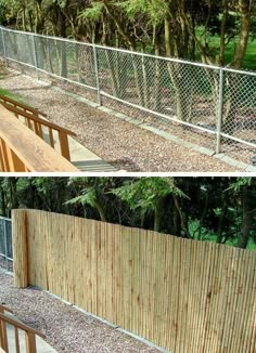 two pictures side by side of a wooden fence