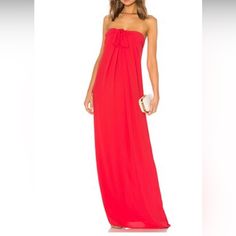 Halston Heritage Front Tie Detail Gown In Rose Red, Size 14. Nwt Red Strapless Bridesmaid Evening Dress, Red Strapless Evening Dress For Bridesmaid, Red Maxi Length Evening Dress For Bridesmaid, Red Floor-length Summer Gown, Red Summer Prom Gown, Chic Red Wedding Gown, Red Floor-length Bridesmaid Maxi Dress, Chic Red Gown For Prom, Chic Red Prom Gown