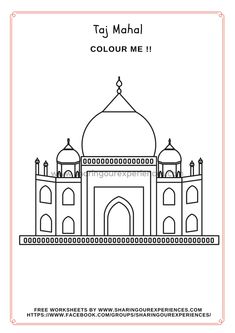 the taj maal coloring page is shown in black and white with an orange border