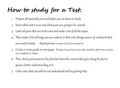 a white sheet with black writing on it that says how to study for a test