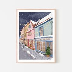 a watercolor painting of a snowy street scene with shops and christmas tree in the foreground