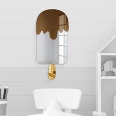 a bathroom with a sink, mirror and chair