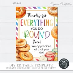 a card with donuts on it that says, thank for everything you do round