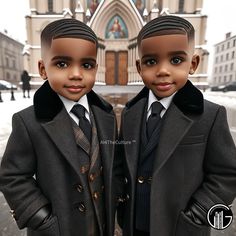 two young boys in suits and ties standing next to each other