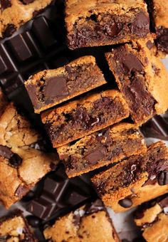 chocolate chip cookie bars stacked on top of each other