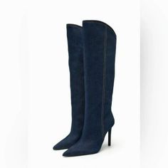 Heeled Knee Denim High Boots. Asymmetric Collar. Seamed Detail At Side. Denim Knee High Boots, Black Cowgirl Boots, Black Wedge Boots, Red Ankle Boots, Zara Boots, Zara Heels, Denim Boots, Genuine Leather Boots, Chelsea Boots Women