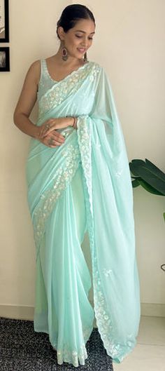 Blue color Saree in Georgette fabric with Embroidered, Sequence work Light Blue Georgette Saree For Diwali, Blue Georgette Saree Set, Sky Blue Georgette Saree, Blue Semi-stitched Georgette Saree, Blue Embroidered Georgette Saree, Blue Color Saree, Reception Saree, Engagement Reception, Reception Lehenga