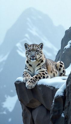 a snow leopard sitting on top of a rock in front of some snowy mountain tops