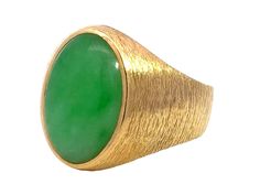 Item Specifications:Metal: 14k Yellow Gold Style: Statement RingRing Size: 8.5 (resizing available for a fee)Total Weight: 9.8 GramsGemstone Specifications:Center Gemstone: Jadeite JadeShape: OvalColor: GreenCut: Cabochon Jade Measurements: ~17 mm x 11.7 mm 4.2 mmJade Carat Weight: ~8 caratsCondition: Vintage, ExcellentStamped: "14k" Oval Cabochon Jade Gemstone Jewelry, Oval Cabochon Jade Rings With Polished Finish, Jade Cabochon Round Stone Jewelry, Yellow Jade Round Jewelry, Jade Rings With Polished Finish, Oval Cabochon, Satin Finish, Jade Ring, Jade Green, Oval Cabochon