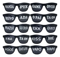 six pairs of sunglasses with words written on them