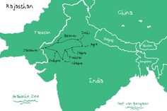 a map of india showing the major cities and rivers in green, with names on it