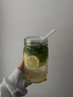 a person holding a mason jar filled with lemon and mint