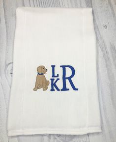 What a special gift for a special newborn. Adorable golden dog is embroidered on a super soft burp cloth and bib along with the babies initials. Bib is super soft 100% cotton, just the right size for baby. Burp is a diaper type burp, super soft and thick. Color of dog and lettering can be changed- just let me know in Notes to seller! Monogrammed Burp Cloths, Personalized Bibs, Boy Monogram, Embroidered Photo, Boy Bib, Baby Cross, Burp Cloth, Embroidery Ideas, Golden Dog