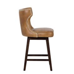 a brown leather bar stool with wooden legs and an upholstered back rest on a white background