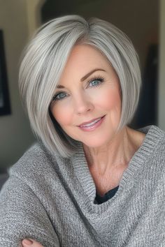 2. Silver-Stacked Bob with Volume (Short Hairstyles For Older Women With Glasses) - Short Layered Bob Hairstyles For Older Women Gray Bobs Aging Gracefully, Ash Grey Balayage Short Hair, Short Gray Bob, Short Layered Stacked Bob, Medium Stacked Bob Hairstyles, Pixie Bob Haircut With Bangs, Short Layered Bobs, Bob With Volume, Gray Bob Hairstyles