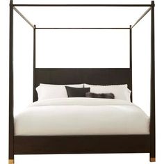 a four poster bed with white sheets and pillows on it's headboard, against a white background