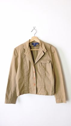 "Vintage Ralph Lauren Women's Khaki/Beige Cotton Jacket. Measurements Tagged size: Women's S  Length: 20 1/2\" Armpit to armpit: 18\" Shoulder to shoulder: 16\" Shoulder to end of sleeve: 21 1/2\" Condition: Gently used. There's few tiny brown spots on collar as shown in the last two pics.  ※Please read the policy before you purchase※" Vintage Khaki Spring Blazer, Womens Khakis, Vintage Ralph Lauren, Brown Spots, Ralph Lauren Womens, Cotton Jacket, Cute Tops, Cute Shirts, Spot On