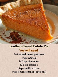 a piece of pumpkin pie on a plate with the recipe below it and instructions for how to make it