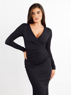 Built-in shapewear ruched long sleeve split midi dress create perfect curve. This long sleeve split midi dress suit any occasion, shop a long sleeve midi split dress now! Pretty Shapewear, Honeymoon Trip, Chest Design, Shapewear Dress, Perfect Curves, Perfect Figure, Lounge Dress, Split Dress, Lace Thong