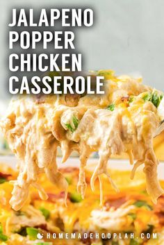 a spoon full of jalapeno popper chicken casserole on a plate