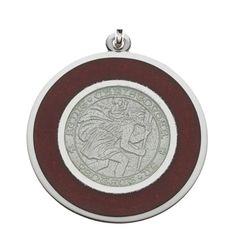 a silver and red medallion with a woman on it