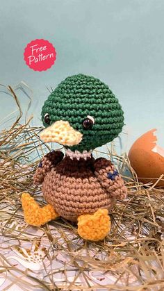 a crocheted bird sitting on top of hay next to an egg