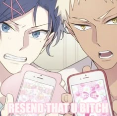 two anime characters are holding up their cell phones in one hand and looking at the other