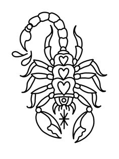 a black and white drawing of a scorpion with hearts on it's back legs