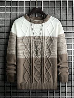 Camel Casual Collar manga larga Tela Color combinado Pullovers Embellished Estiramiento medio Primavera/Otoño Abstract Resin Art, Laser Design, Knitting Accessories, Color Block Sweater, Pullover Men, Casual Pullover, Men Clothing, Diamond Pattern, Summer Looks