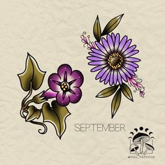 an image of a flower with leaves and flowers on it's side, as well as the word september