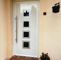 a white door with four glass panels on the front and side of it next to a potted plant