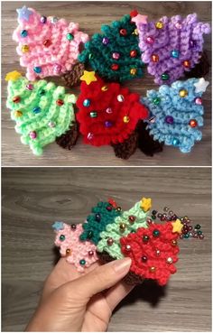 crocheted christmas tree decorations are shown in different colors