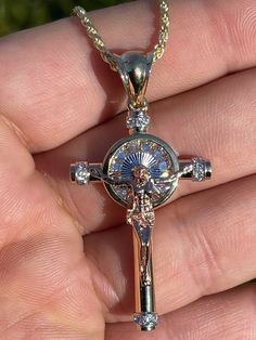 "925 Sterling Silver Crucifix with 14k gold plating - Super icy baguette simulated diamond stones (cz) - 5.6 grams - Handmade in Italy - Approximately 2\" x 1\" including bale - Buy pendant only or with choice of 2mm rope chains Chains also made in Italy & are solid sterling silver with gold finish" 14k Gold Silver Jewelry With Baguette Diamonds, 14k Gold Jewelry With Silver Baguette Diamonds, Diamond Crucifix Jewelry For Anniversary, Yellow Gold Cubic Zirconia Crucifix Jewelry, Yellow Gold Crucifix Jewelry With Cubic Zirconia, 14k Gold Stamped Crucifix Jewelry For Anniversary, 14k Stamped Crucifix Jewelry For Anniversary, Vvs Clarity Crucifix Jewelry Gift, Gold Diamond Crucifix Jewelry