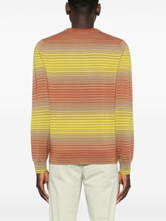 multicolour merino wool knitted construction fine knit horizontal stripe pattern crew neck long sleeves ribbed cuffs and hem straight hem This item is in size XL and the color is Green Striped Wool Sweater With Crew Neck, Striped Wool Crew Neck Sweater, Striped Wool Sweater With Long Sleeves, Striped Crewneck, Green Jumpers, Latest Sweater, Merino Sweater, Fine Knit, Mens Jumpers