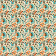 an orange and blue flower pattern on a white background