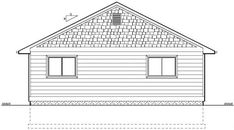 the front elevation of a small cabin house with two windows and a second floor plan