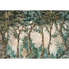 an old wallpaper with trees and animals in the forest, painted on it's side