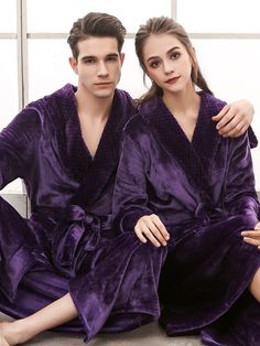 Comfortable Solid Bandage Pajama Robe PURPLE-Women-M Bath Wedding, Flannel Kimono, Cotton Dresses Summer, Flannel Robe, Plus Size Sleepwear, Purple Wine, Dress Stand, Cotton Shirt Dress, Flannel Women