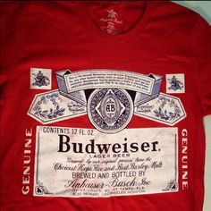 a red budweiser t - shirt with an advertiser's label