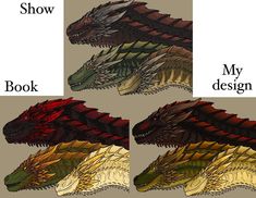 three different types of dragon wings with the words show and my design below each one