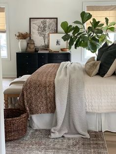 a bedroom with a bed, dresser and plant in it