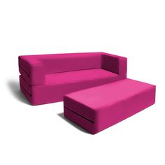 a pink couch and ottoman sitting next to each other on a white surface with no one in it