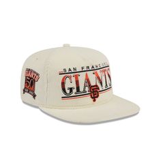 The San Francisco Giants Throwback Corduroy Golfer features an embroidered Giants logo and wordmark at the front panels with a 50th Anniversary patch at the right-wear side, a green undervisor, and a snapback closure at the rear. Collegiate Six-panel Snapback Hat For Streetwear, Collegiate Hats With Logo Patch For Streetwear, Collegiate Style Hat With Logo Patch For Streetwear, Cotton Snapback Hat With Logo For Sports Events, Embroidered Logo Corduroy Hat For Streetwear, Streetwear Corduroy Hat With Embroidered Logo, Sports Event 5-panel Hat With Embroidered Logo, Corduroy Hat With Embroidered Logo For Streetwear, Corduroy Snapback Hat For Streetwear With Curved Brim